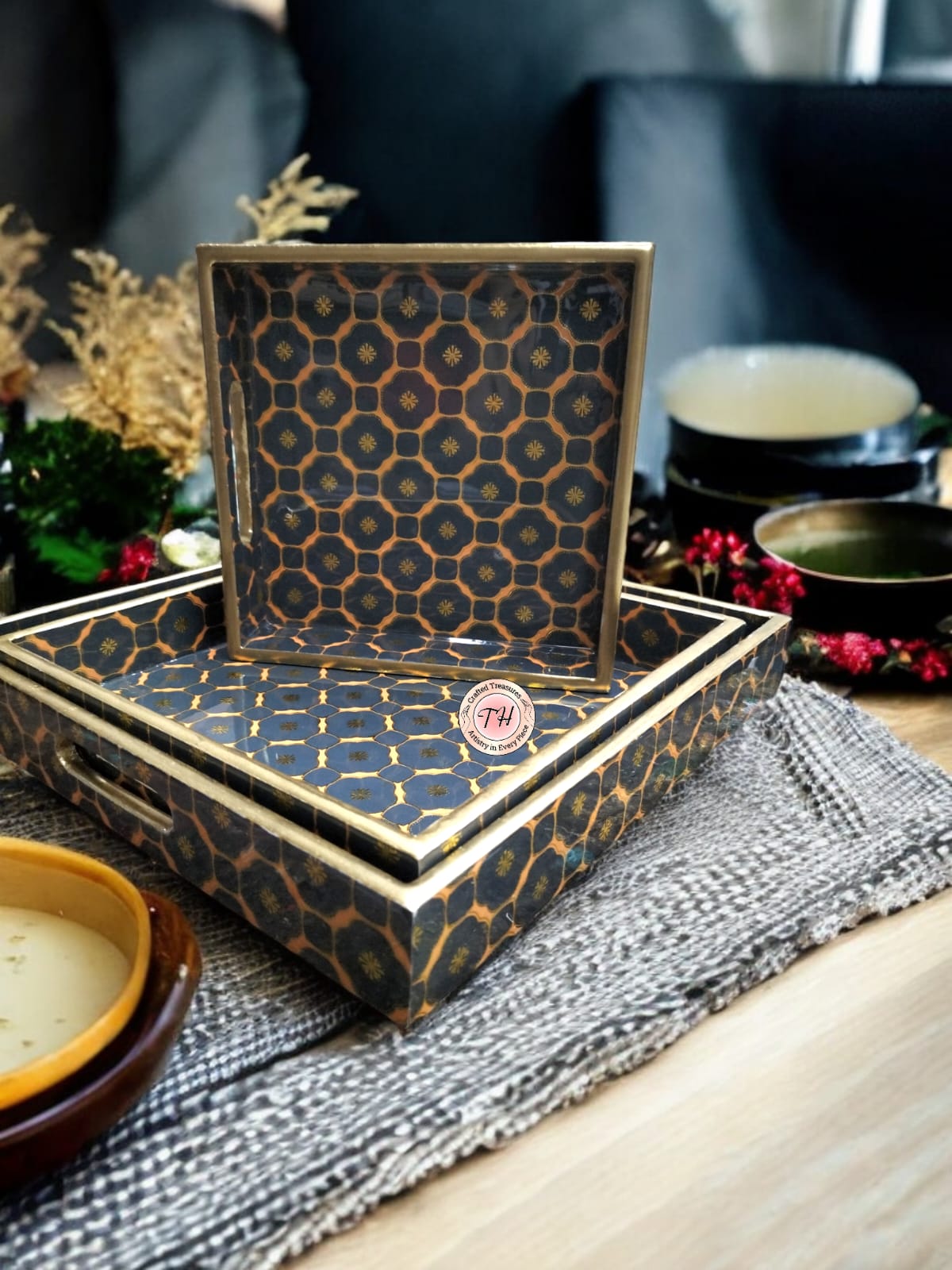 wooden square shape set of 3 trays for home/ office/ gift item